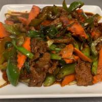 Mongolian Beef · Spicy. Green scallion, white onions pan stir-fried with hoisin oyster, sha cha sauce.