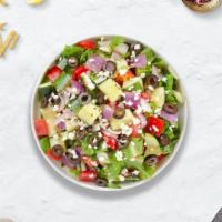 Greek Salad · (Vegetarian) Romaine lettuce, cucumbers, tomatoes, red onions, olives, and feta cheese tosse...