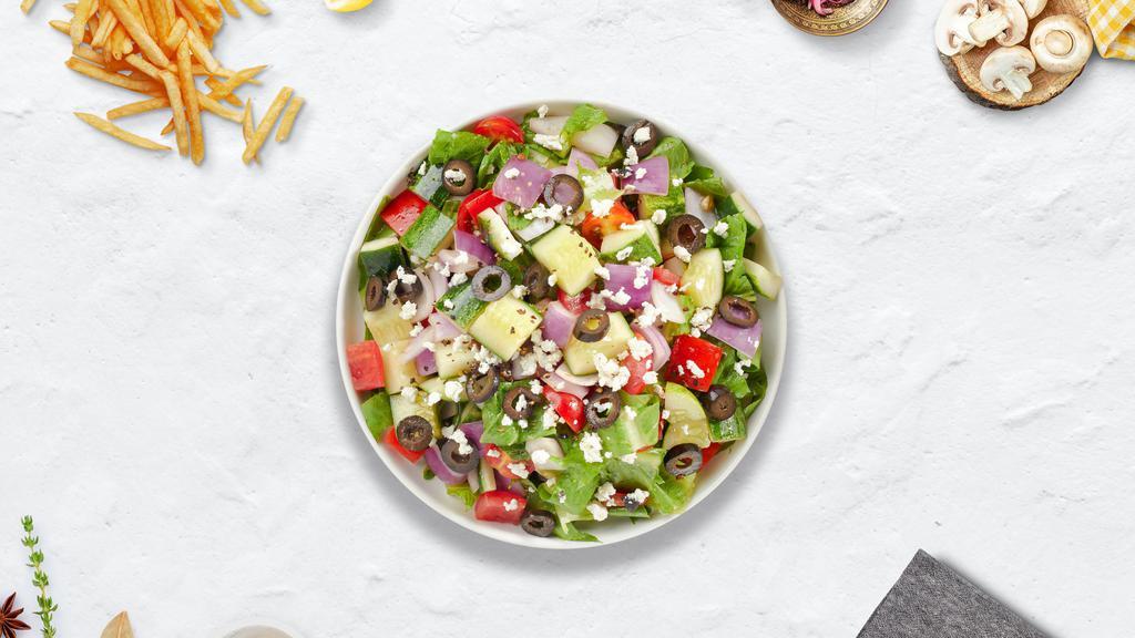Greek Salad · (Vegetarian) Romaine lettuce, cucumbers, tomatoes, red onions, olives, and feta cheese tossed with balsamic vinaigrette dressing.