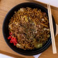 Yakisoba · Fried noodles, cabbage, bean sprouts. Pork or shrimp.