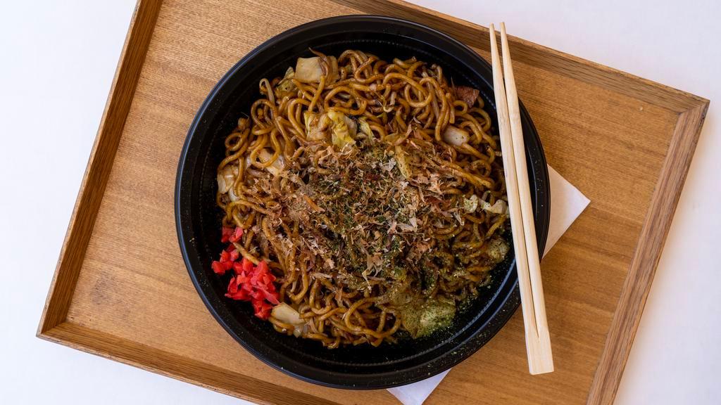 Yakisoba · Fried noodles, cabbage, bean sprouts. Pork or shrimp.