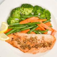 Grilled Salmon Filet · Served with vegetable medley, topped with white wine