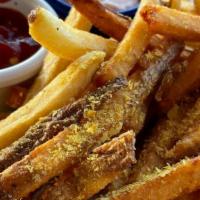 Sunflower Fries · Hand-cut potatoes fried in sunflower seed oil and tossed in sea salt with nutritional yeast....