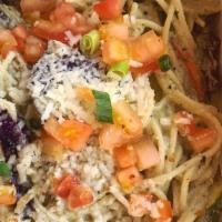 Keiki Pasta · Pasta with olive oil, white wine, salt, pepper, garlic, and sprinkled with Parmesan cheese a...