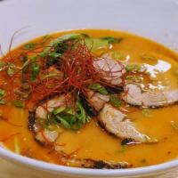 Spicy Tonkotsu Shoyu · Pork broth, roasted pork belly, green cabbage, kikurage, sweet corn, menma bamboo, scallion,...