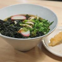 Udon Noodle (2 Pc) · Bonito broth, wakame, fish cake, scallion, shrimp tempura.