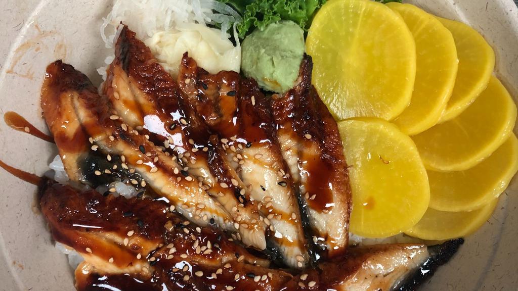 Unadon · Broiled eel glazed with eel sauce, over rice.