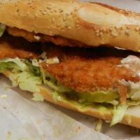 Chicken Cutlet · Breaded chicken cooked with choice of onions and peppers, lettuce, tomatoes, and mayonnaise.