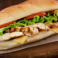 Grill Chicken · Grill chicken cooked with choice of onions and peppers , lettuce, tomatoes, and mayonnaise .