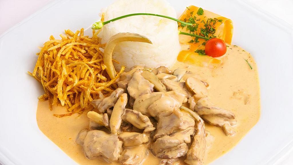 Chicken Strogonoff , Daily Special · chicken with mushrooms in a creamy tomato base served with shoestring fries and white rice