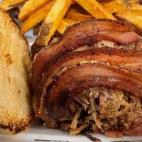 Whole Hog Sandwich · Bacon, Ham, Pulled Pork on a roll with Fries or Onion