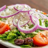Greek Salad (Large) · Vegetarian. Served with feta cheese and kalamata olives.
