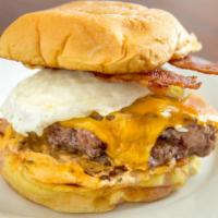 Breakfast Burger · Hamburger with fried egg, cheddar cheese, bacon, and two8two sauce.