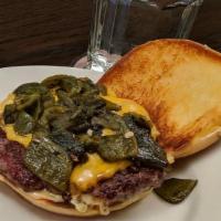 Half & Half Burger · New. 50% beef and 50% applewood smoked bacon with roasted poblano chiles, cheddar cheese, an...