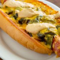 Two8Two Dog · Roasted poblano chiles, cheddar cheese, and two8two sauce.
