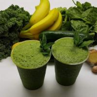Good & Green · Spinach, Kale, Banana, Flax Seeds, Fresh Ginger, Cucumber, Mint , Fresh Lemon.