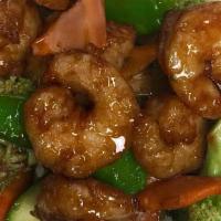 Shrimp Teriyaki · Broiled with our special teriyaki sauce and vegetables. served with soup salad and white rice.