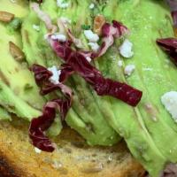 Avocado Toast · On sourdough. Avocado, radicchio, sunflower seeds, goat cheese, and pickled onion. Add prosc...