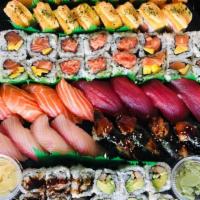 Gold Platter · 6 rolls, 16 pieces nigiri sushi (56 pieces). 2 Sushi Star roll, 2 Salmon Mango roll, 1 Calif...