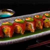 Fireworks Roll · Spicy tuna, avocado, jalapeno, crunch, top with tuna, jalapeno, hot sauce. 8 pieces