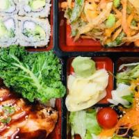 Salmon Teriyaki Bento Box · Salmon Teriyaki Bento Box, jasmine rice, california roll, veggie kakiage, side salad. Comes ...