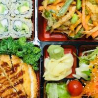 Pork Katsu Bento Box · Pork Katsu Bento Box, jasmine rice, california roll, veggie kakiage, side salad. Comes with ...