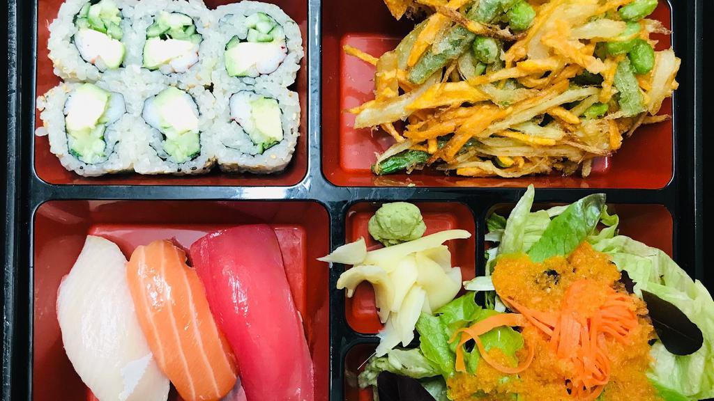 Sushi Bento Box · Sushii Bento Box, california roll, veggie kakiage, side salad. Comes with miso soup.