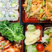 Tofu Teriyaki Bento Box · Tofu Teriyaki Bento Box, jasmine rice, california roll, veggie kakiage, side salad. Comes wi...