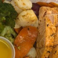 Salmon & Vegetables (Grilled) · Half pound salmon and mix vegetables (Onion, Potato, Carrot, and Broccoli)