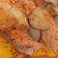 Salmon & Vegetables (Steam) · Half pound salmon and mix vegetables (Onion, Potato, Carrot, and Broccoli)