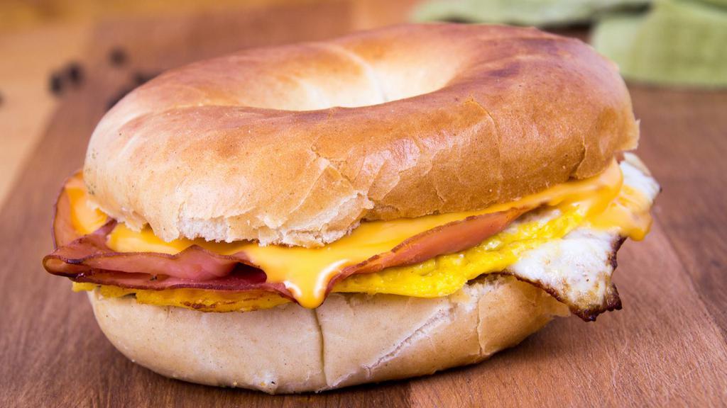 Ham, Egg & Cheese Sandwich · Delicious Breakfast sandwich topped with 2 cooked eggs, ham, and melted cheese. Served on customer's choice of bread.