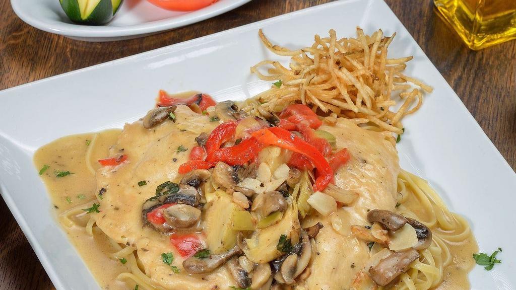 Chicken Mediterranean · Chicken breast sautéed in a garlic white wine sauce with artichoke hearts, mushrooms, and roasted peppers.