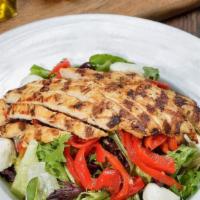 Italian Grilled Chicken Salad · Marinated grilled chicken, roasted peppers, fresh mozzarella, kalamata olives, and balsamic ...