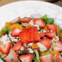 Strawberry Mandarin Salad · Strawberry, feta cheese, walnuts, mandarin orange, and mixed greens with raspberry vinaigret...