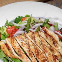 Gorgonzola Chicken Salad · Grilled chicken, sun-dried tomato, onions, asparagus, olives, gorgonzola cheese, and lemon v...
