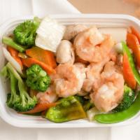 Shrimp With Mixed Vegetable · Served with rice.