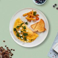 Greek Geek Omelette · Scrambled eggs, olive, feta cheese, & tomato.