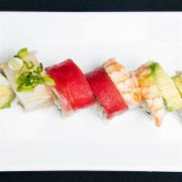 Rainbow Roll · Tuna, salmon, tilapia, shrimp, crab meat, avocado, cucumber, ponzu sauce.