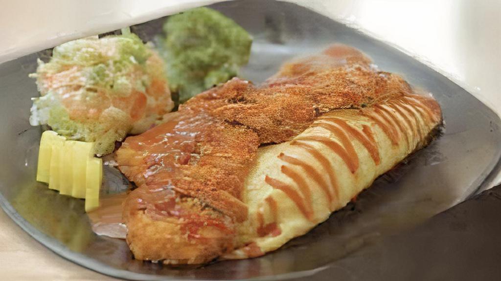 Chicken Katsu With Omelet Rice · Omelet rice, chicken breast cutlet, salad pickled radish.