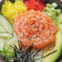 Salmon Don · Salmon sashimi over sushi rice, pickled radish, slice seaweed.