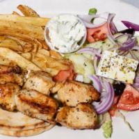 Souvlaki Plate · Favorite. Served with Greek salad and fries.