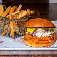 Veggie Sammy W/ Fries · Comes with fries. Plant-based fried chicken breast, Choose Heat, Kick'n Pickles, Slaw & Sauc...