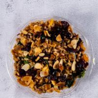 Farro Salad · With cooked farro grains, dried cranberries, dried apricots, shave almonds and olive oil.