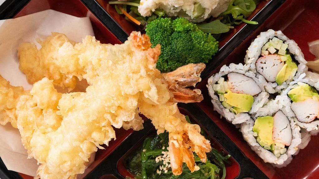 Tempura Lunch Box · Served with miso soup or salad comes with California roll, rice.
