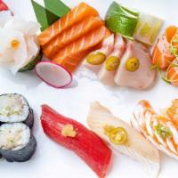Sushi & Sashimi · 6 pieces assorted sashimi, 4 pieces assorted sushi and a tuna roll.