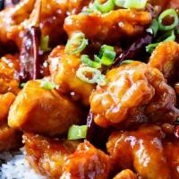 General Tso'S Chicken · Spicy. White meat chicken choice of hot and sour soup or miso soup or egg roll served with: ...