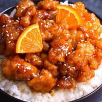 Tangerine Chicken · Spicy. White meat chicken choice of hot and sour soup or miso soup or egg roll served with: ...