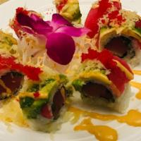 Red Club Roll · Inside - tuna, scallions, and crunch, outside - tuna, avocado, tobiko, crunch, and spicy mayo.