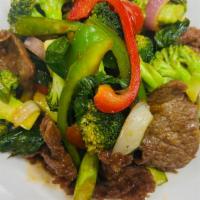 Basil Beef · Spicy. Basil leaf, onions, broccoli, asparagus, scallions, green and red bell peppers in che...