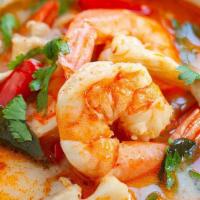 Tom Yum Soup · Rich, tangy, and savory Thai chicken soup made with tomato, mushroom, onion, and red pepper.